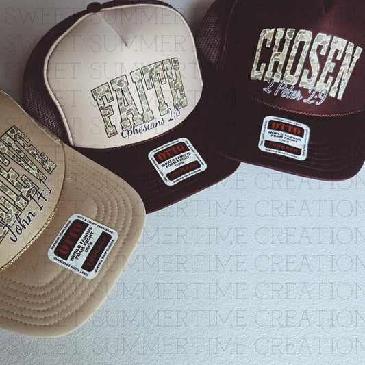 **PRE-ORDER** Camo Scripture Trucker Hats