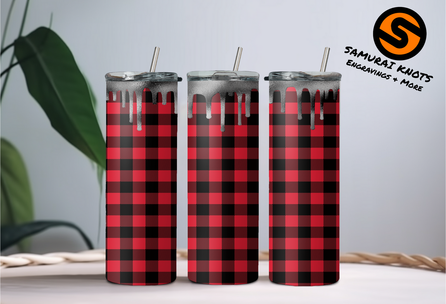 Red Buffalo Plaid Silver Drip Tumbler